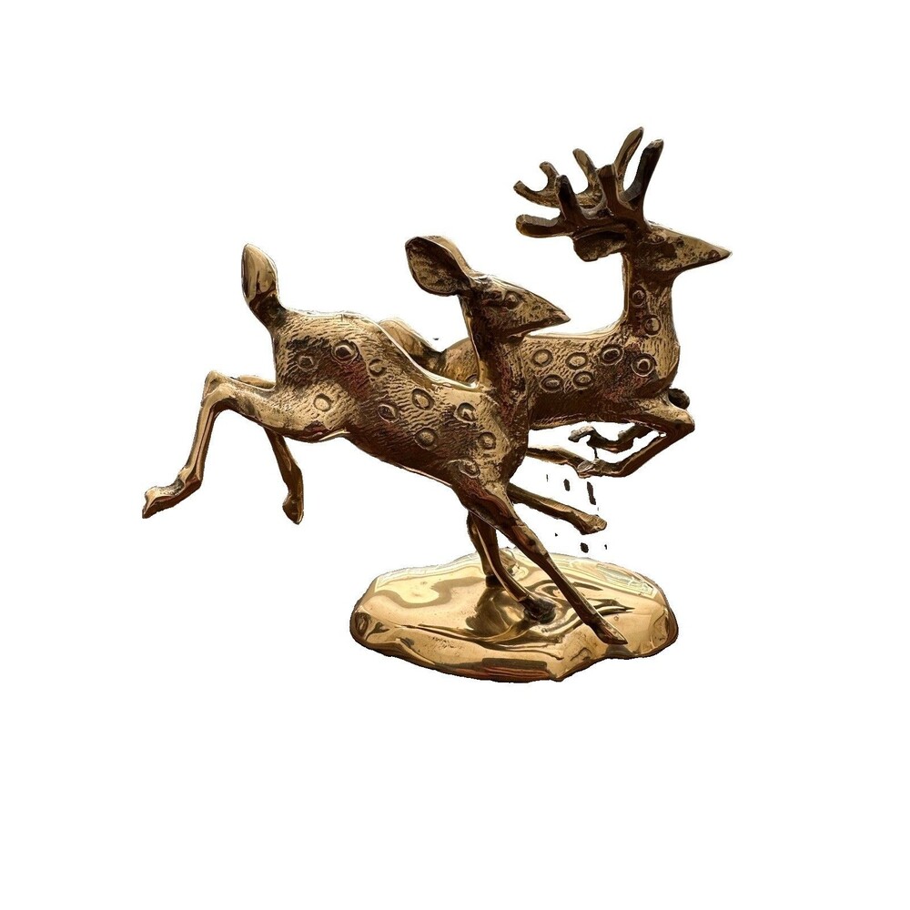 VTG Brass Running Spotted Buck & Doe Deer Figurine Sculpture Statue on Base